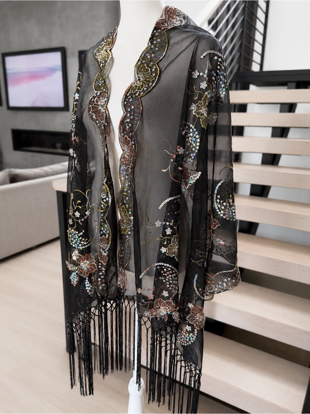 New boho Sheer Black Floral Embroidered Fringe Kimono one size - Picture 6 of 7